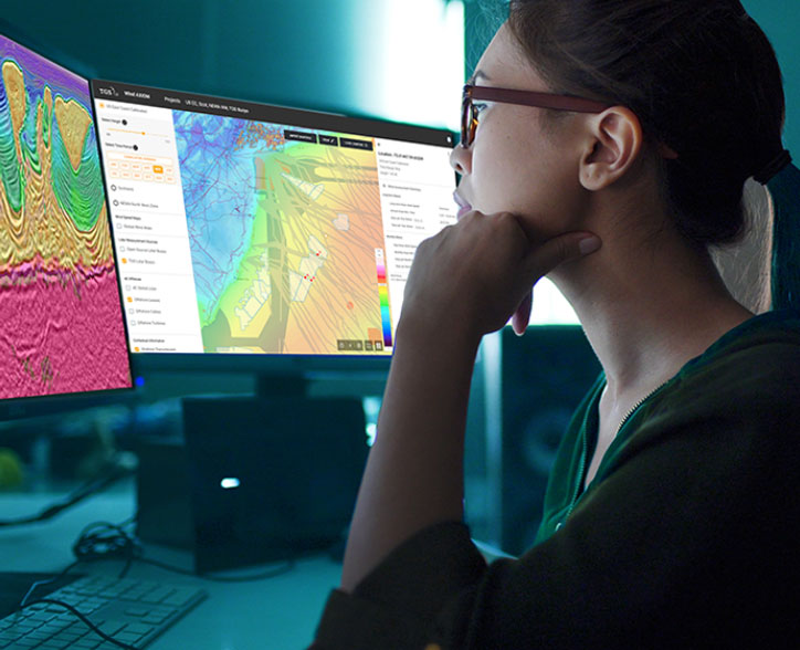 A female geoscientist looking over environmental data on two computer screens